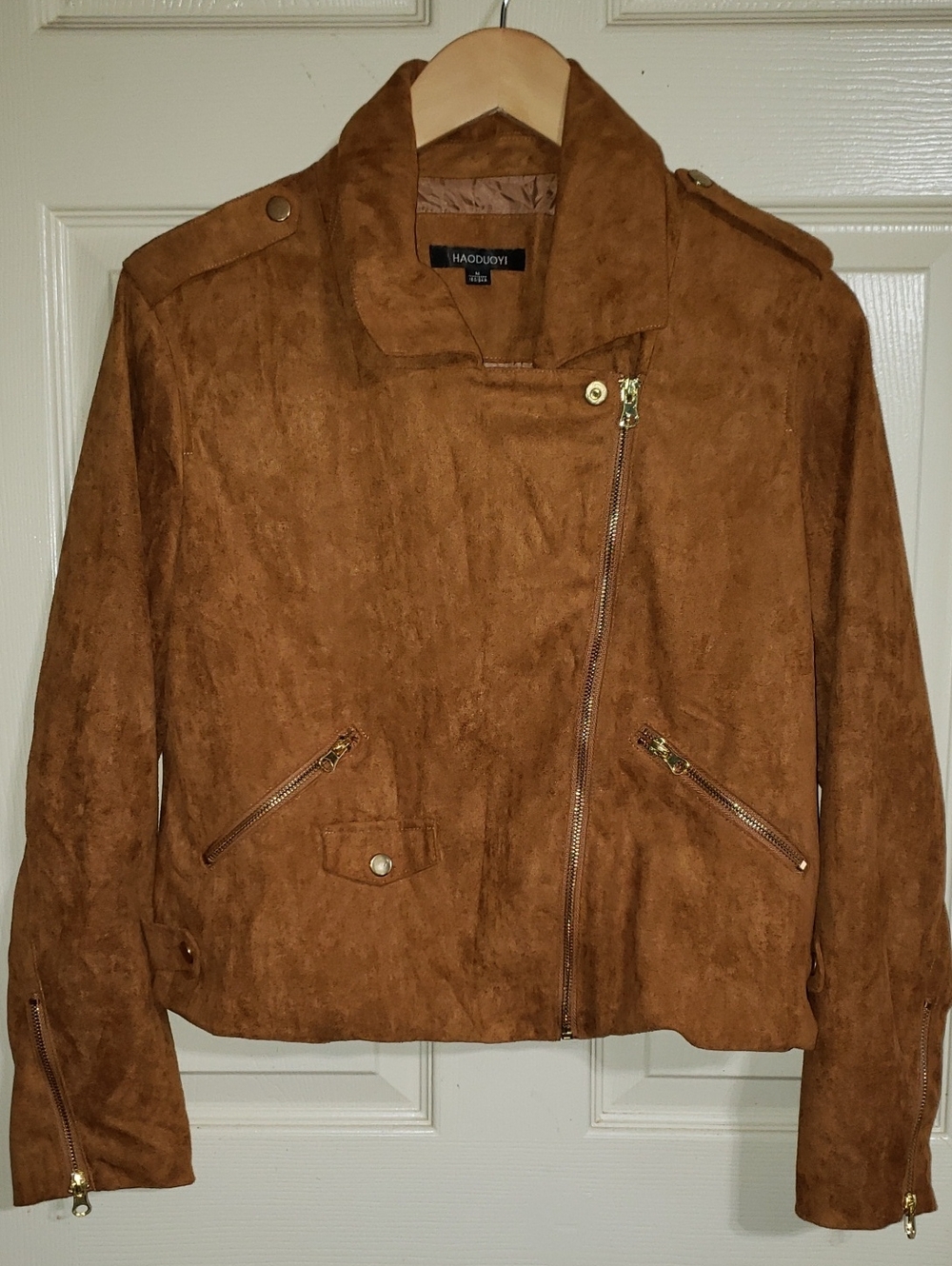 Haoduoyi Cognac Brown Faux Suede Moto Jacket
